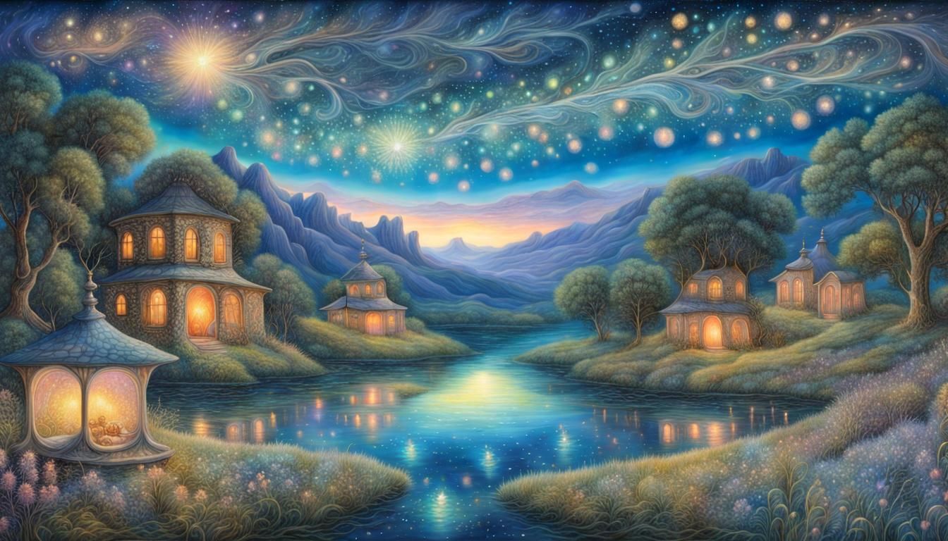 magnificent fairycore noctilucent serene landscape, starry sky, floating lights, fireflies, (by Amanda ...  by @RandomUser1234