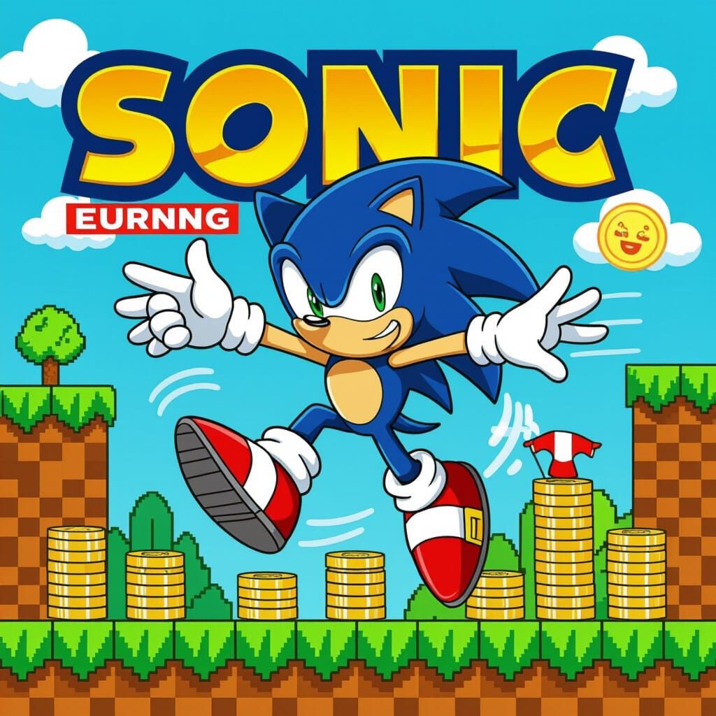 Sonic Jumps Over Coins in Painterly Style