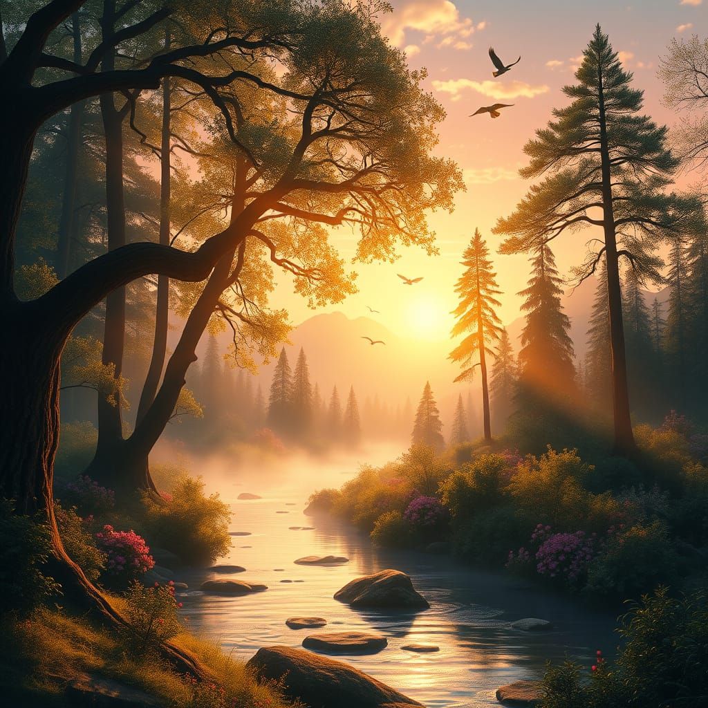 An enchanting and inspiring landscape at sunset, where a glowing river flows through a mystical forest ...  by @FRUMIT