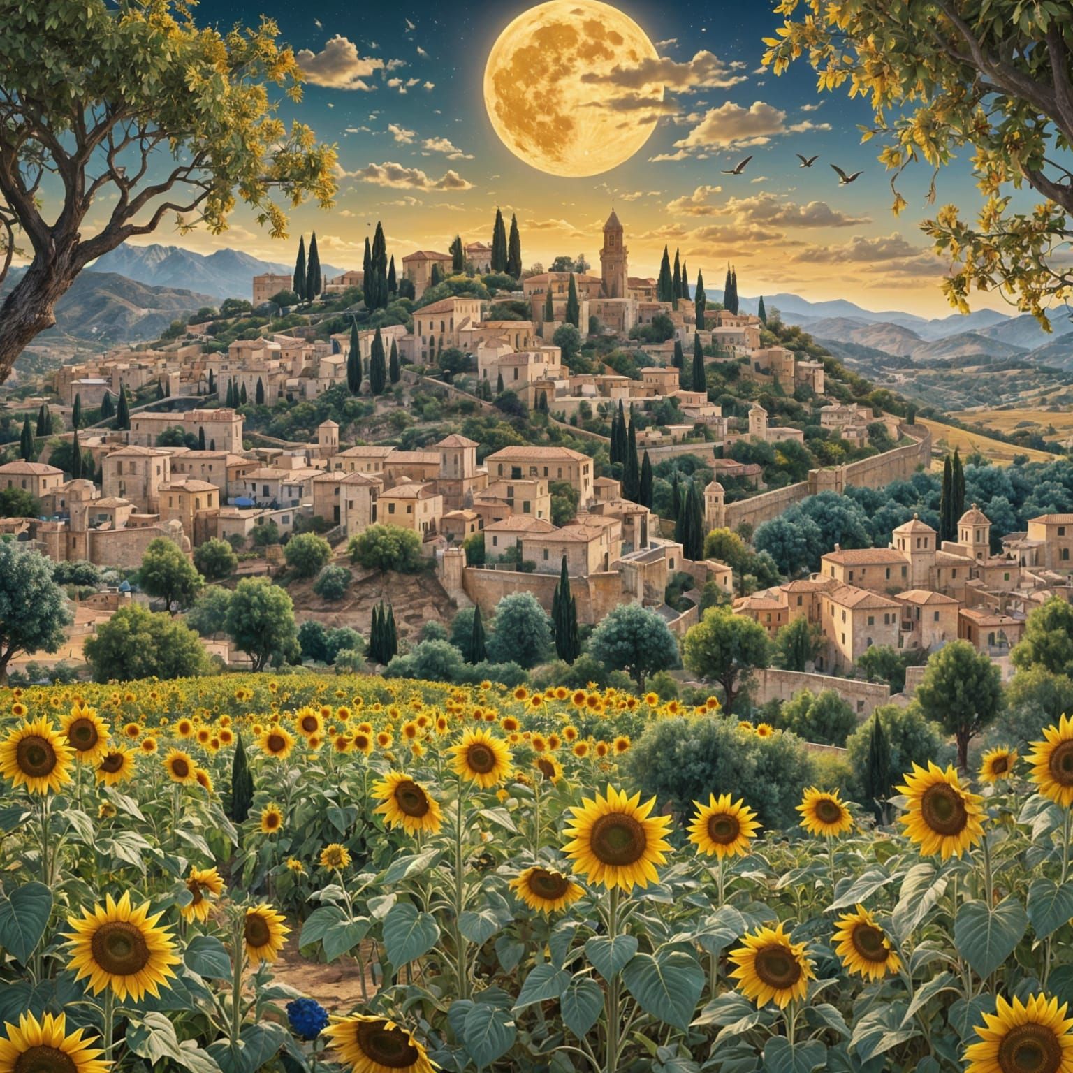 Spain of sun, moon, sunflowers and olives. 