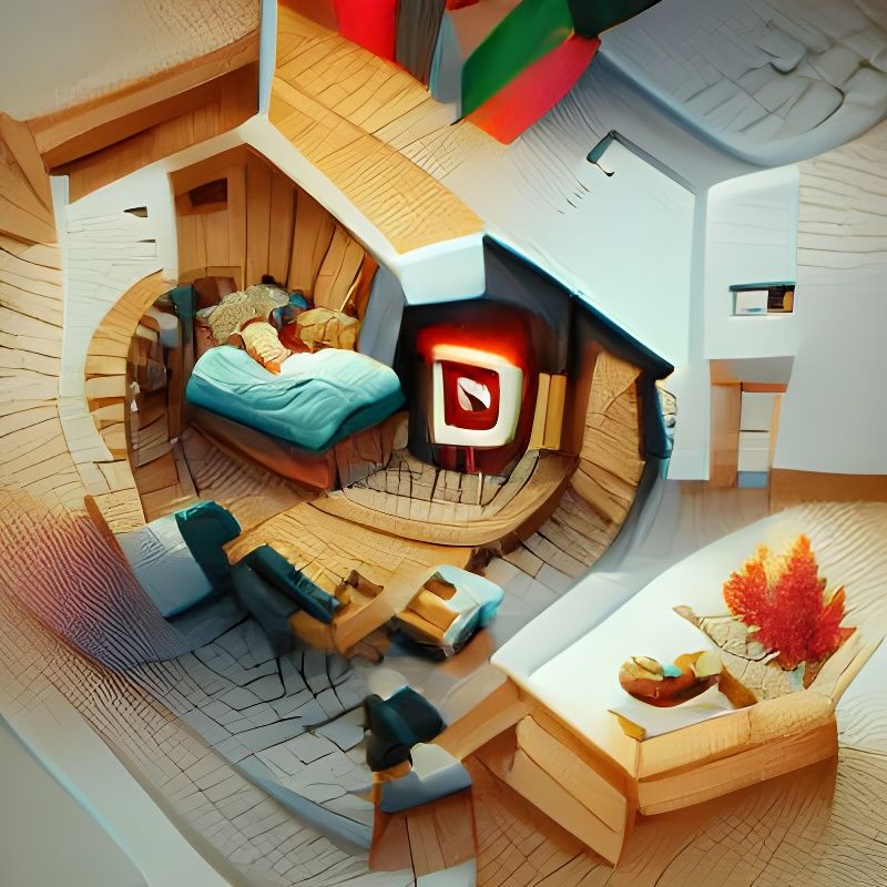 Isometric view of cosy cabin interior with fireplace comfy c...