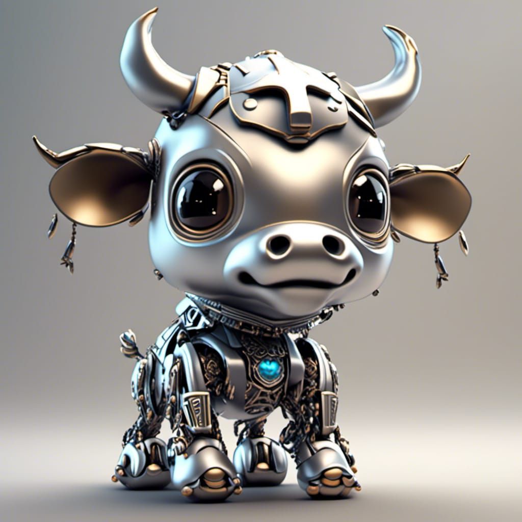 <lora:Automatica:1.0> Very cute Chibi robot cow, moo god metallic tones 