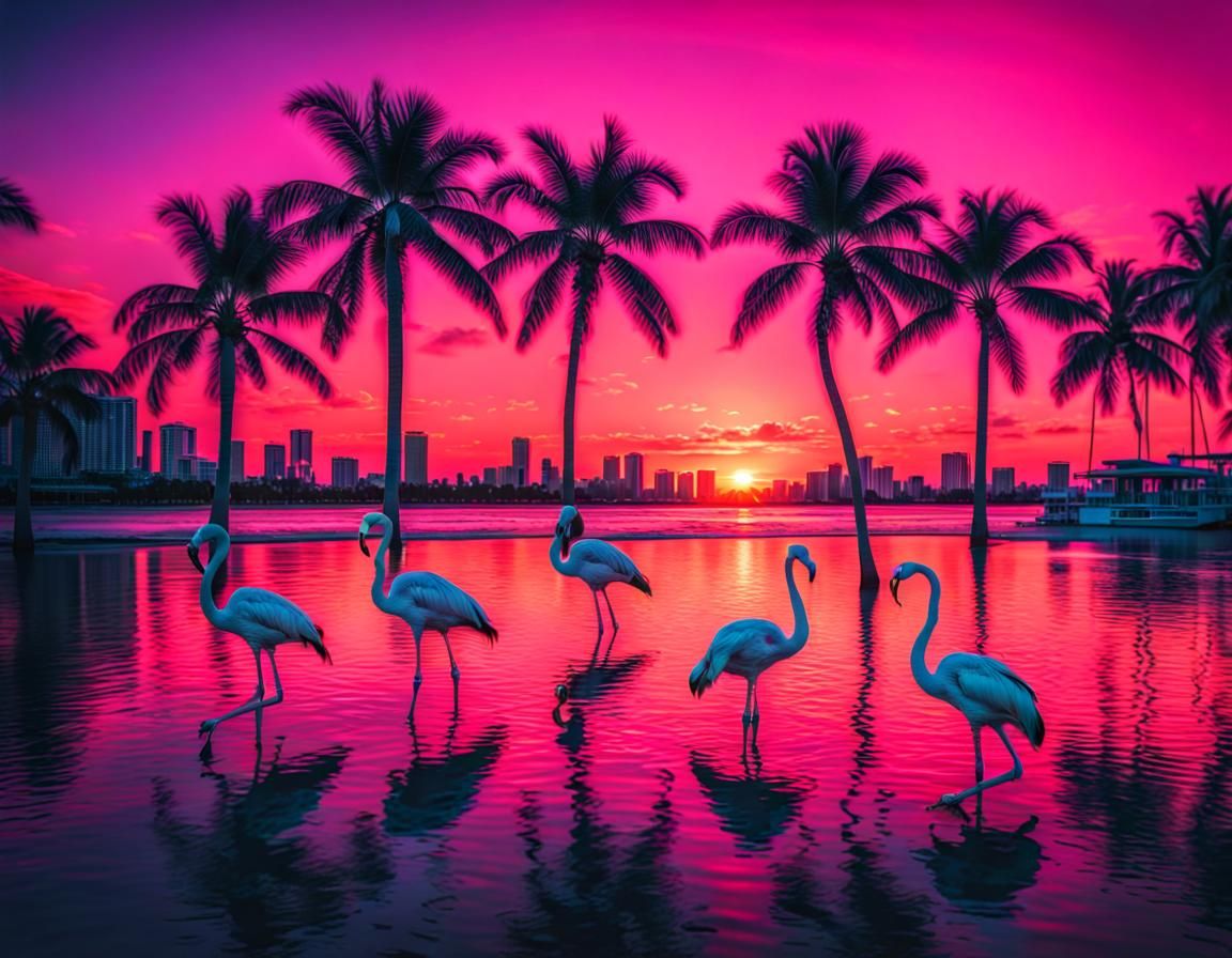 Vaporwave, Miami vice, palms, sun, sea, sunset boulevard, 80s, flamingos :: intricate details, HDR, beautifully ...  by @JussiV