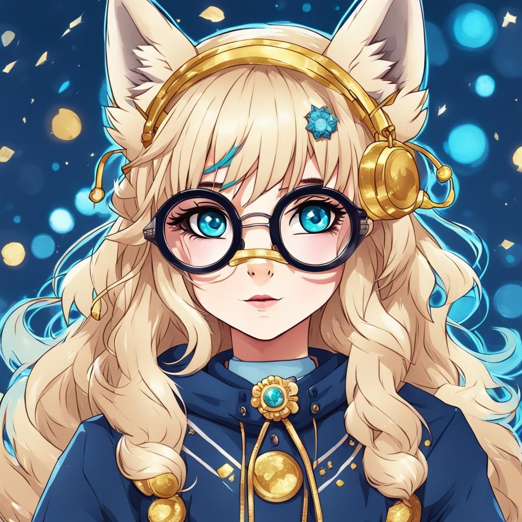 cute wolf girl kawaii with gold big round glasses and blue e...