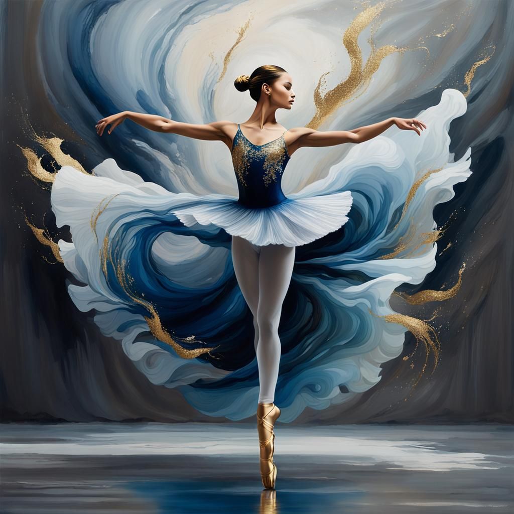 An ethereal ballerina, resembling the fluidity of a serene r...