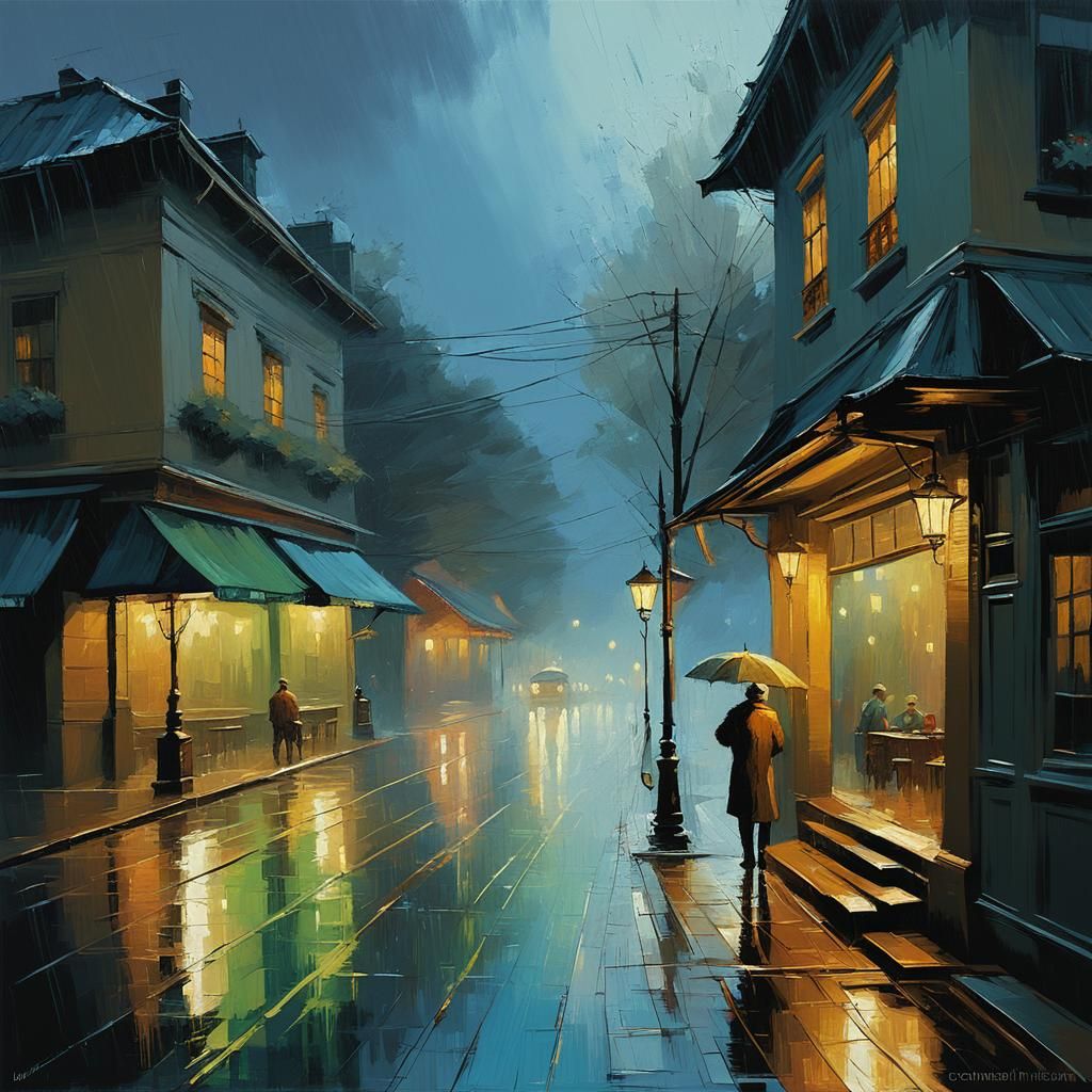 Heavy rain at night by lantern light in the style of craig mullins   by @EllaMoonDesign