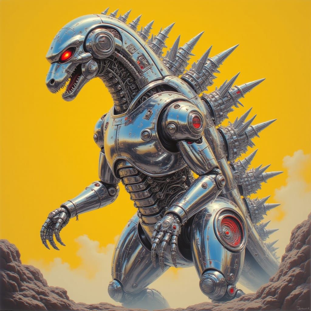 <lora:Fluxayama:1.0> A hyperrealistic Godzilla robot in a threatening action combat stance, designed with sleek, polished chrome body parts ...