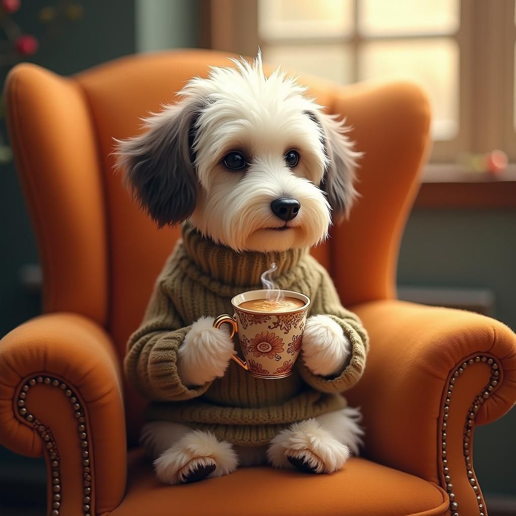 havanese dog sitting on a chair with a cup of coffee