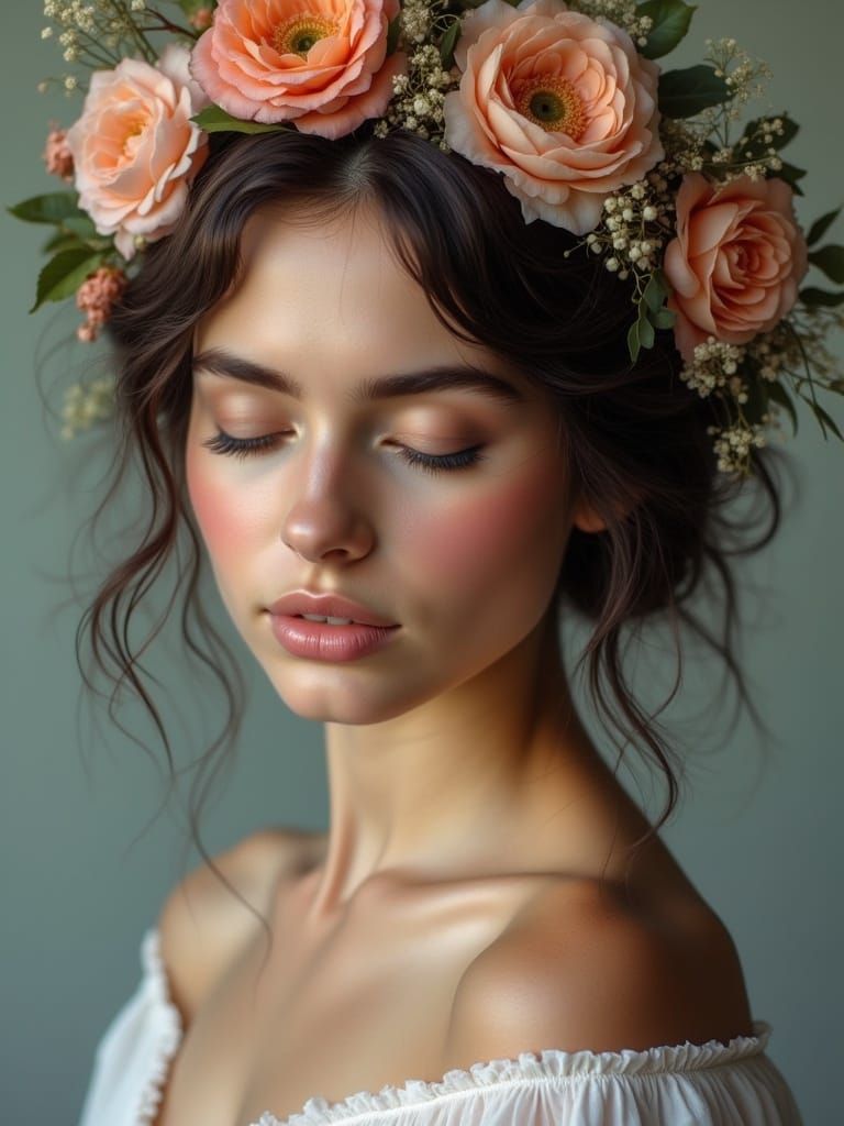 <lora:Women-Oil Painting-1:0.5> A portrait of a woman with floral crown.