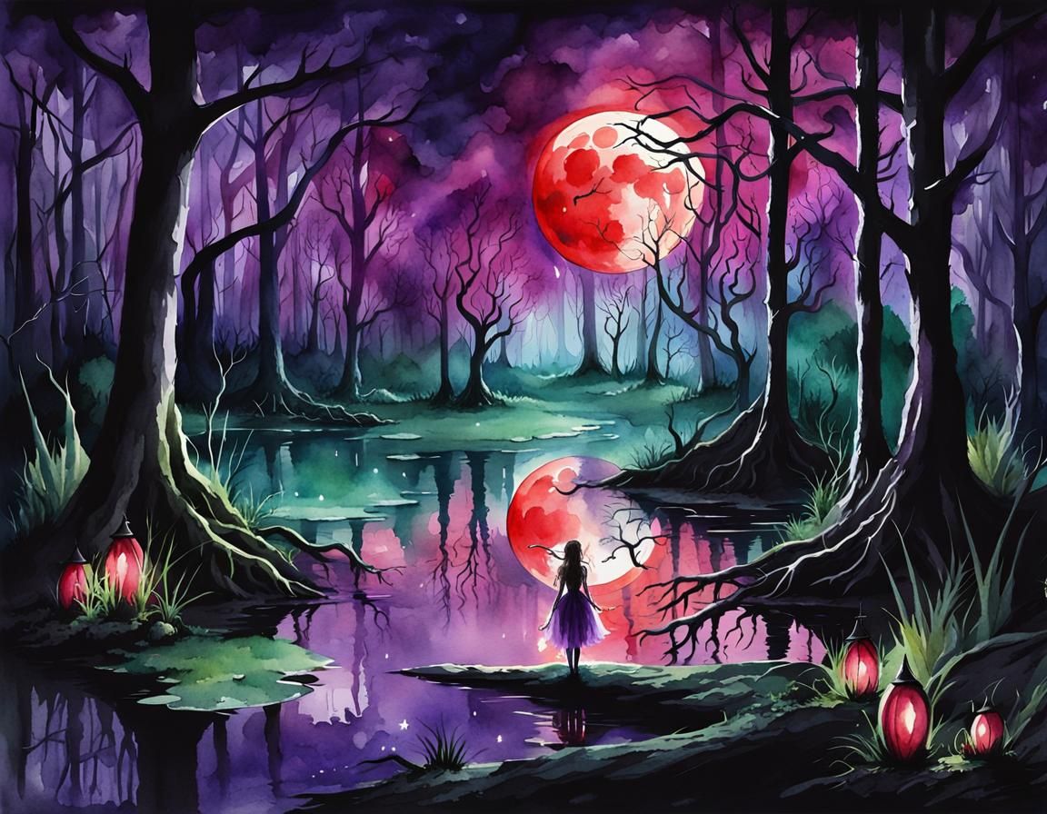 watercolor, little fairies, dark fantasy purple haze full red moon ...