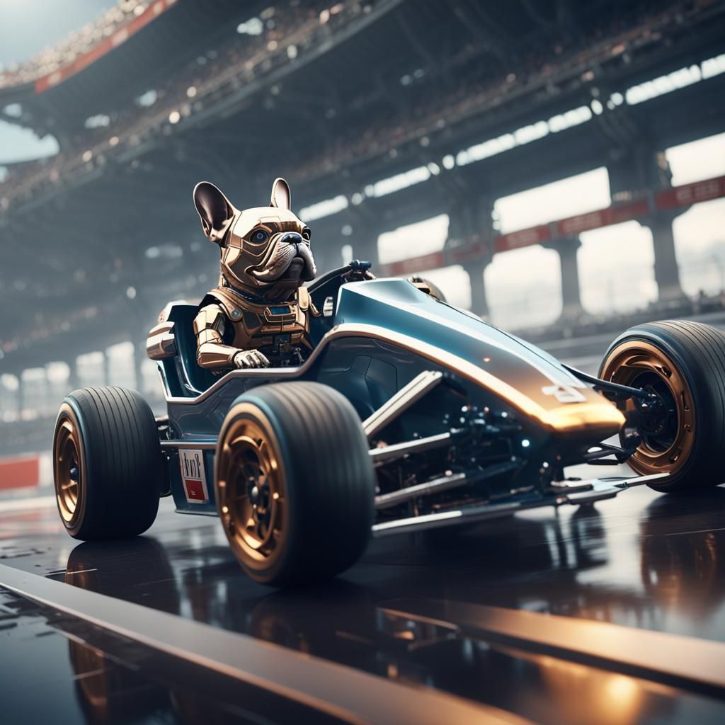 metallic French bulldog driving a Formula One car - AI Generated ...