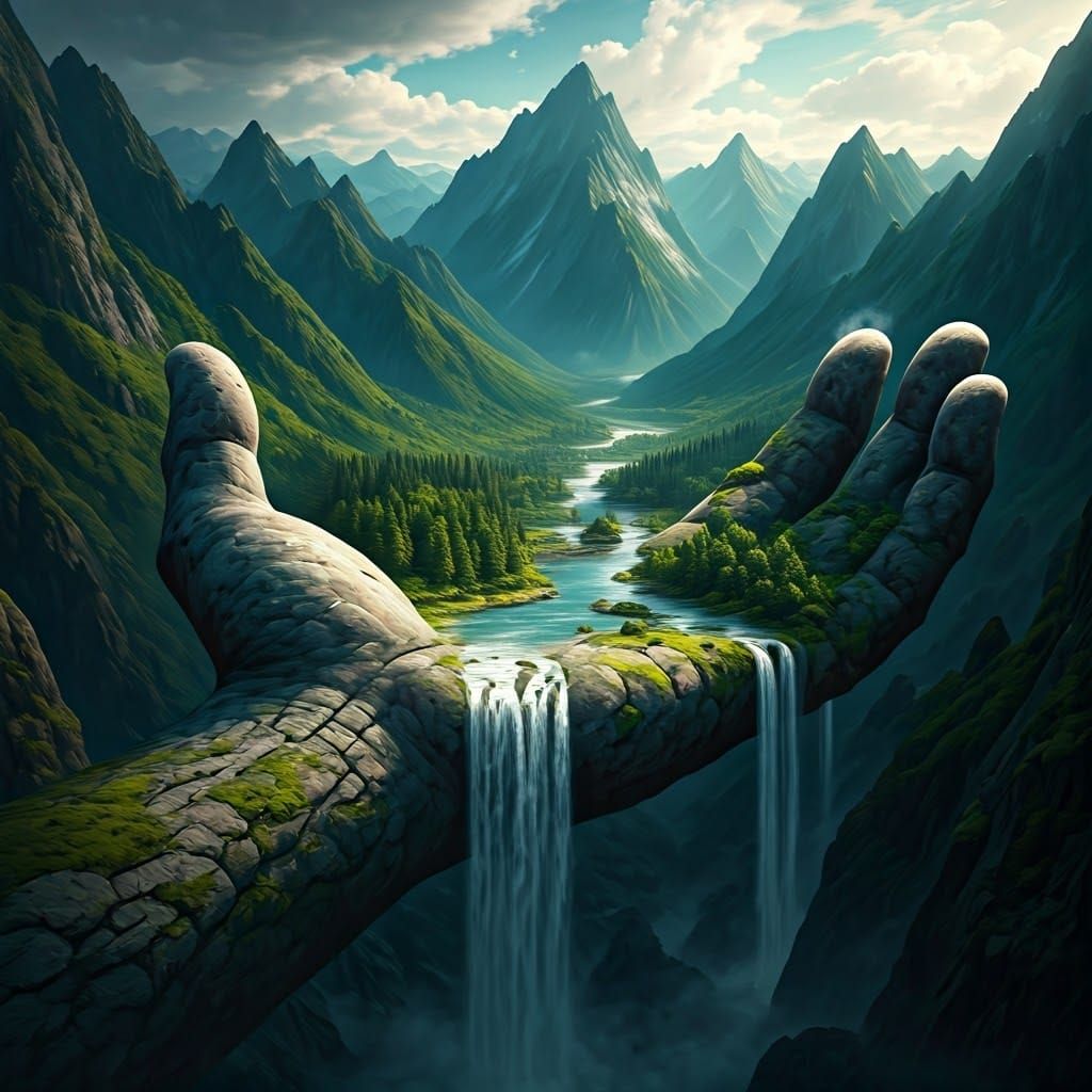 a huge stone hand, on the hand there are mountains, a forest and a river, water flows down from the hand ...  by @Likvi