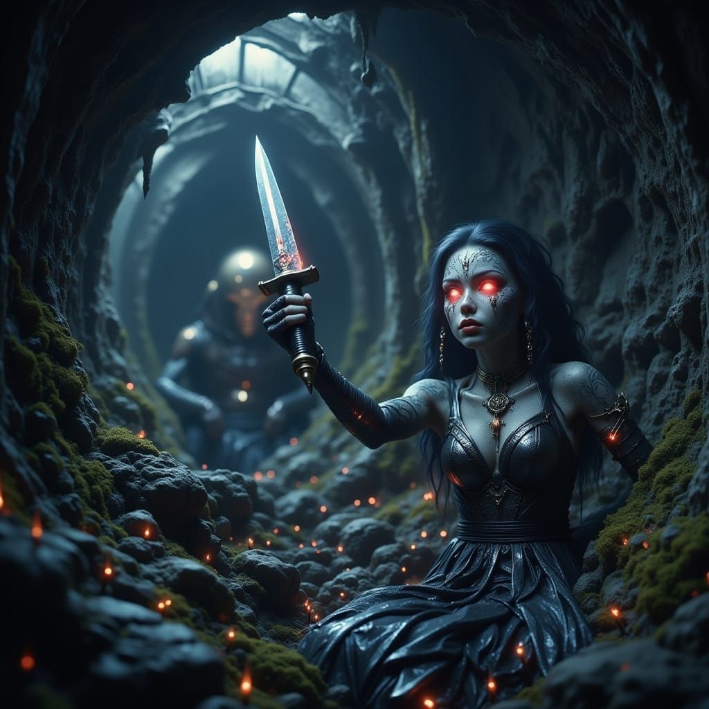 <lora:Dreamy Darkness Fx:1.0> <lora:Darkly Magical:1.0> <lora:Dark Portraits:1.0> <lora:-Omnious-:1.0> Beautiful knife weilding Female white...