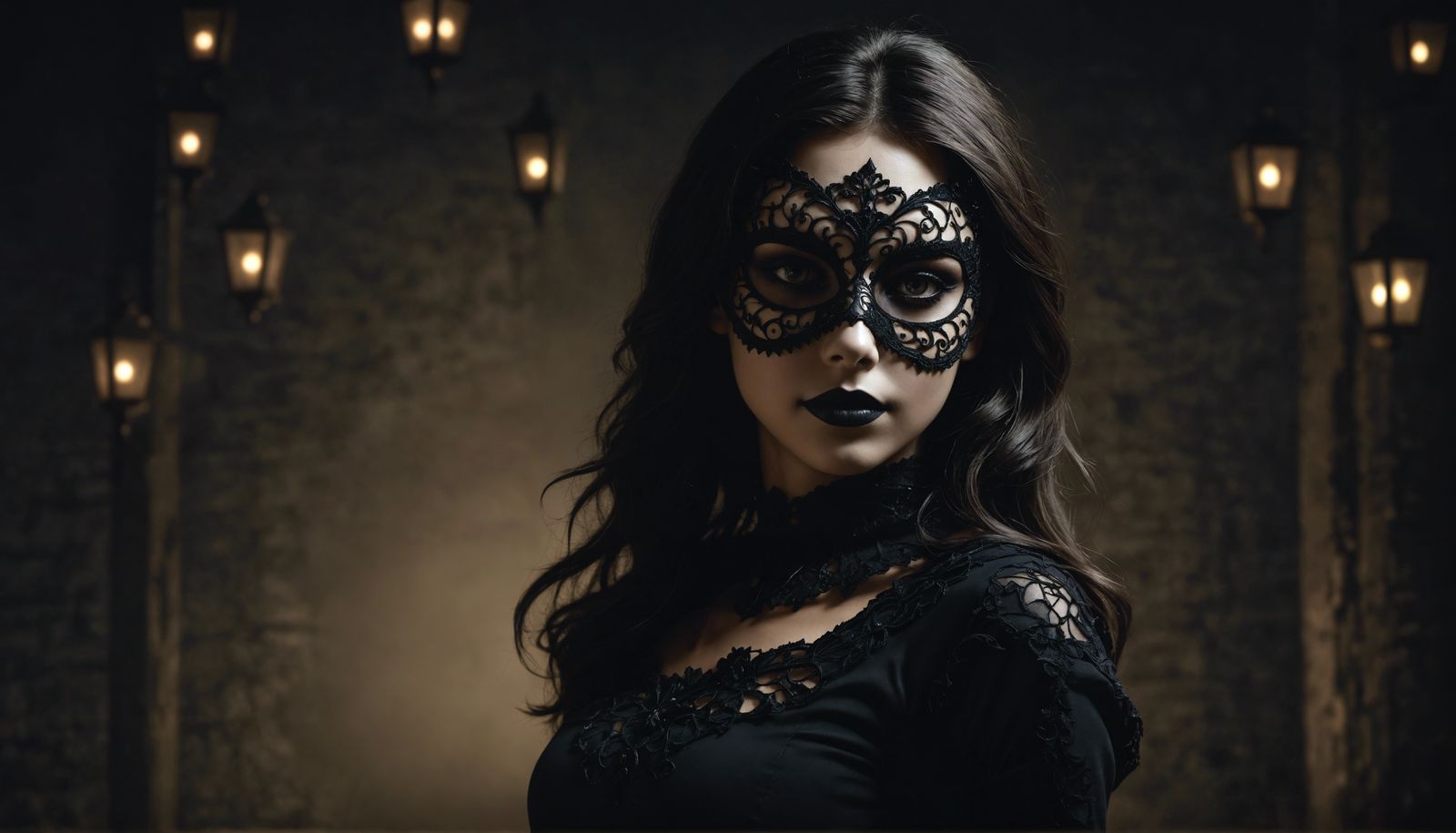 girl wearing a Halloween mask. Chiaroscura intricately detailed, full body.