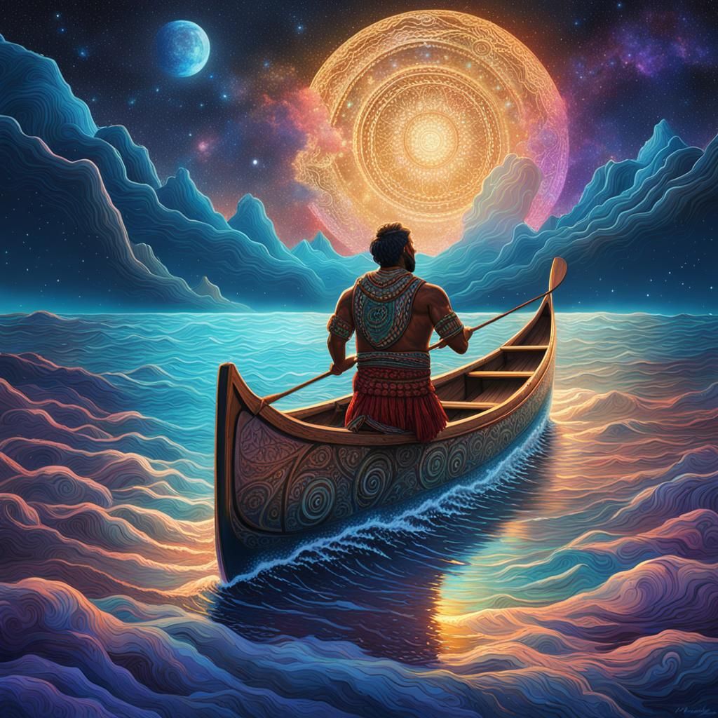 Polynesian man, two hull canoe, crossing the ocean, night sk...