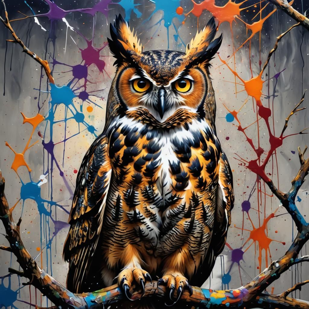 Majestic Great Horned Owl in Graffiti Art
