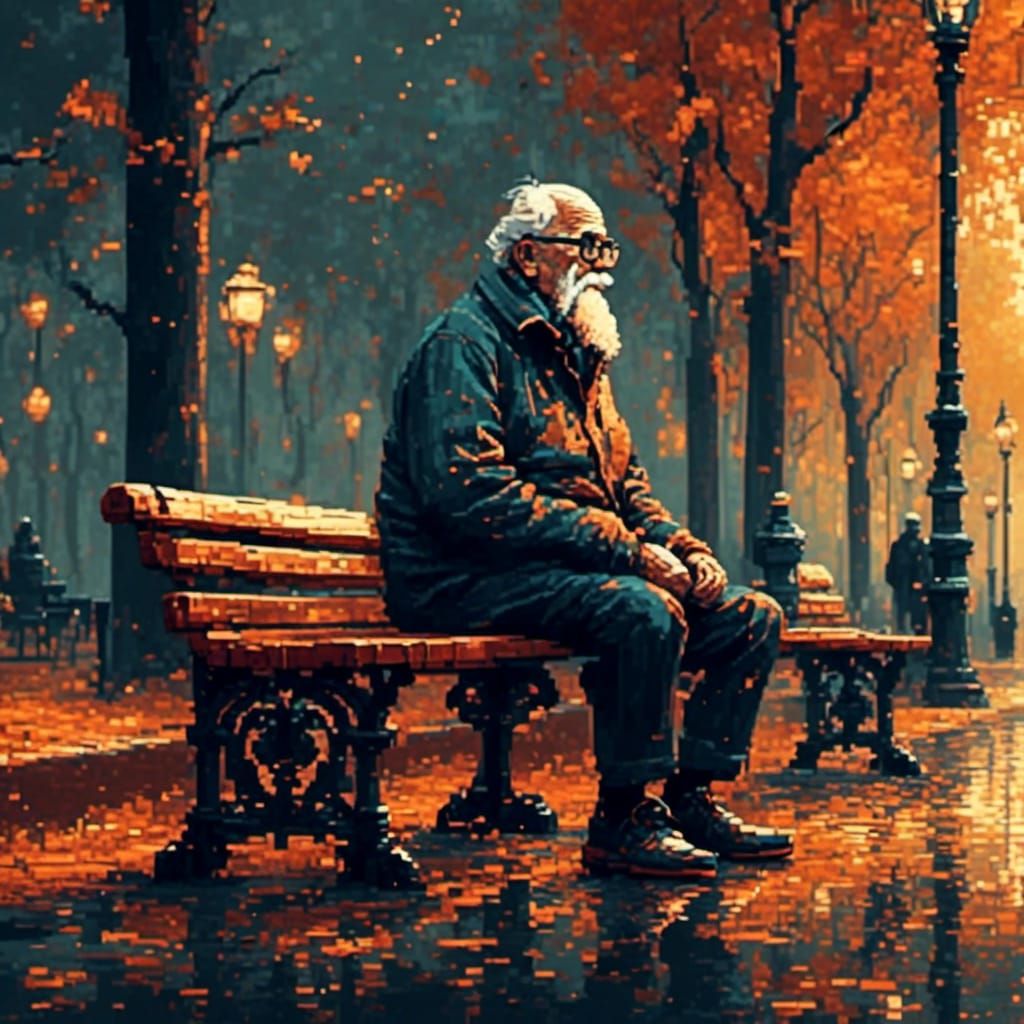 grandpa on bench in park<lora:8bitCity:1.0> 