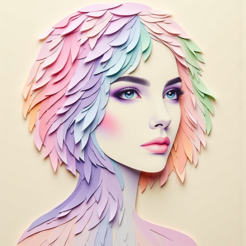 <lora:Paper Mosaic:1.0> A beautiful woman made of colorful pastel colors memo paper ombre like