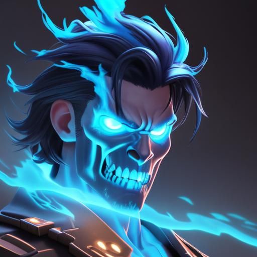The Ghost Rider is made of blue fire and the fire in his eye...