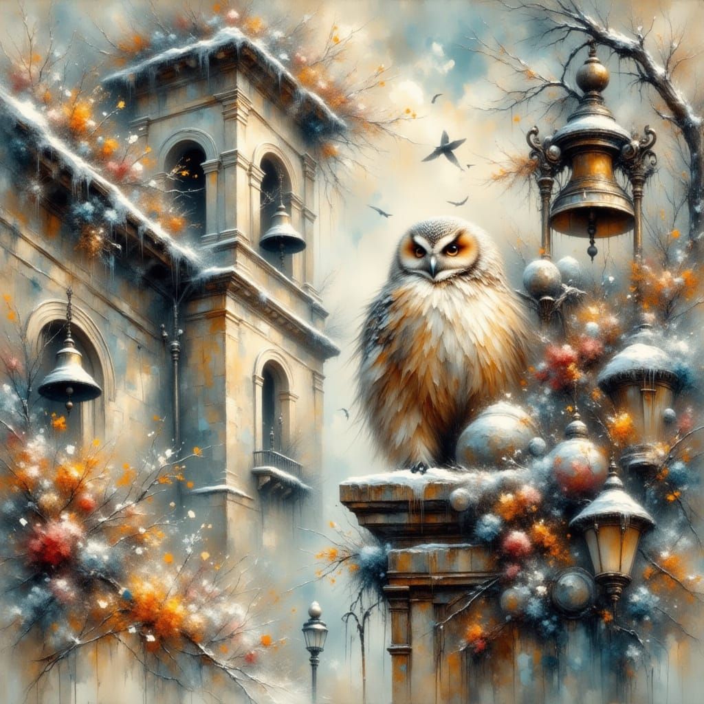 Snowy Owl in Impressionist Style Bell Tower
