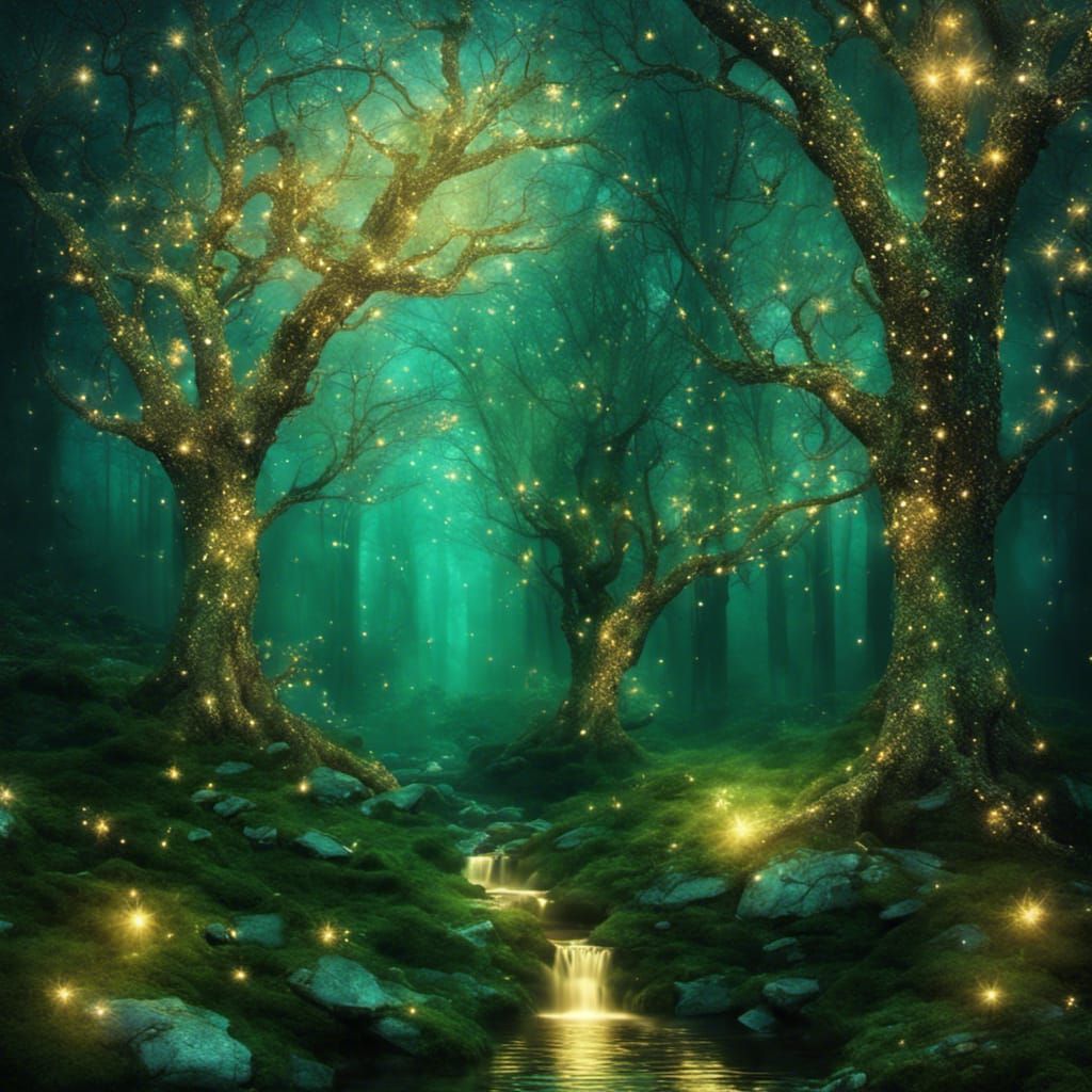 an enchanted forest with sparkling gold glitter in the air and