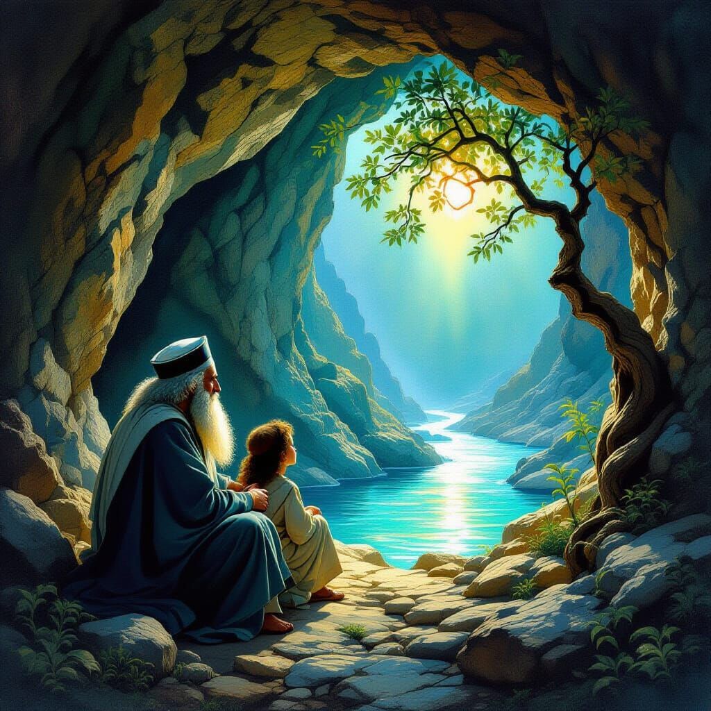 Rabbi Shimon Bar Yochai in Cave with Son