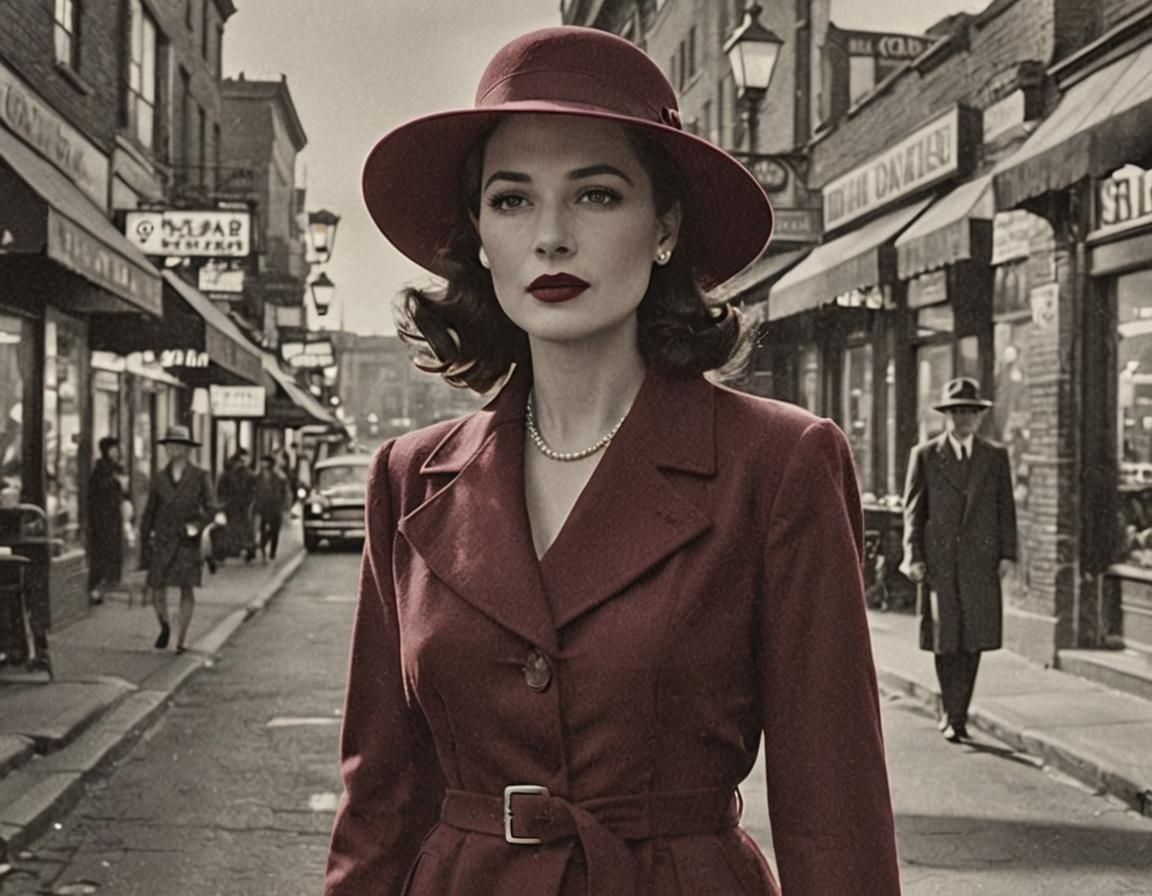 An elegant woman in a burgundy suit and wide-brimmed 40s style hat! (Upscaled Version)