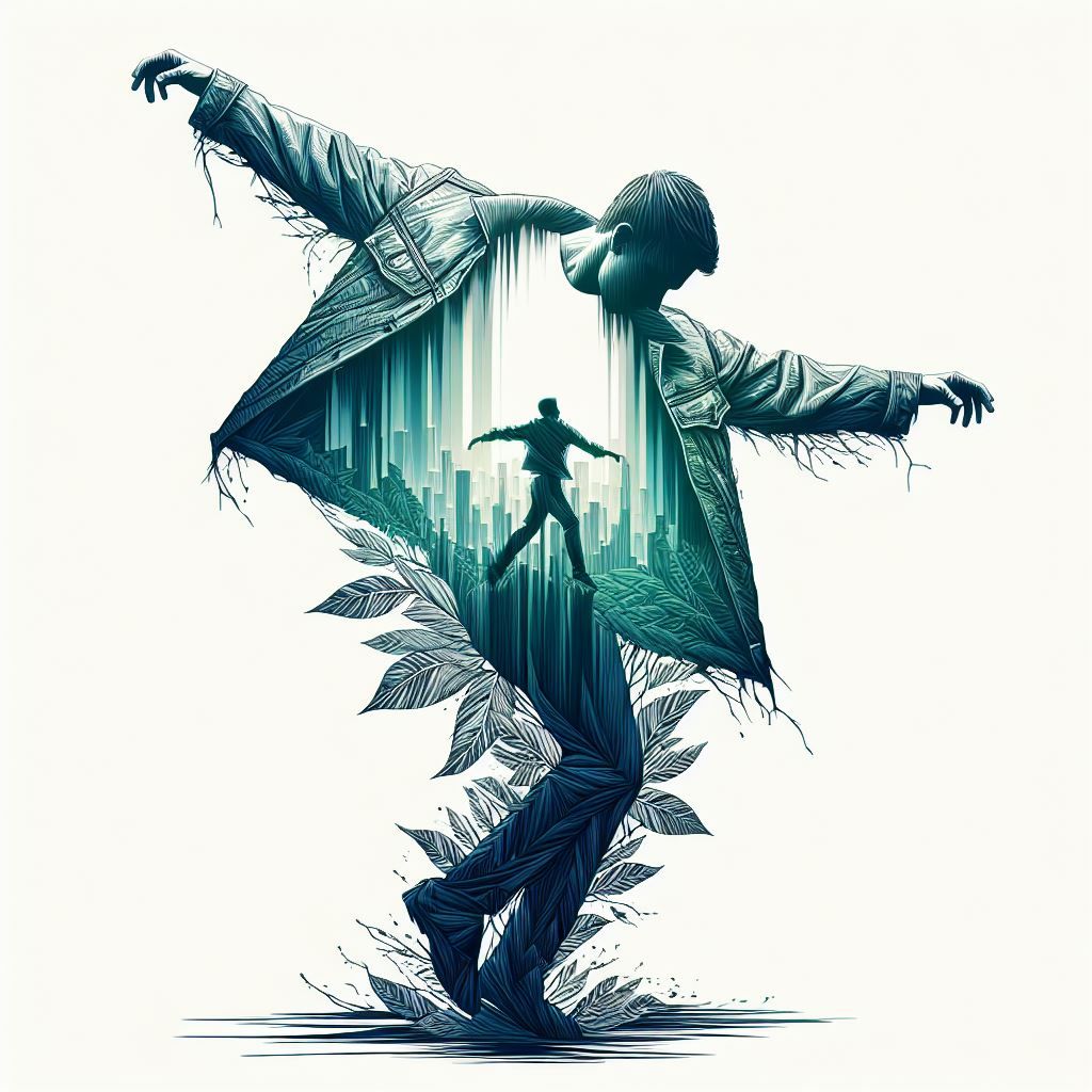 Double Exposure Man Made of Leaves