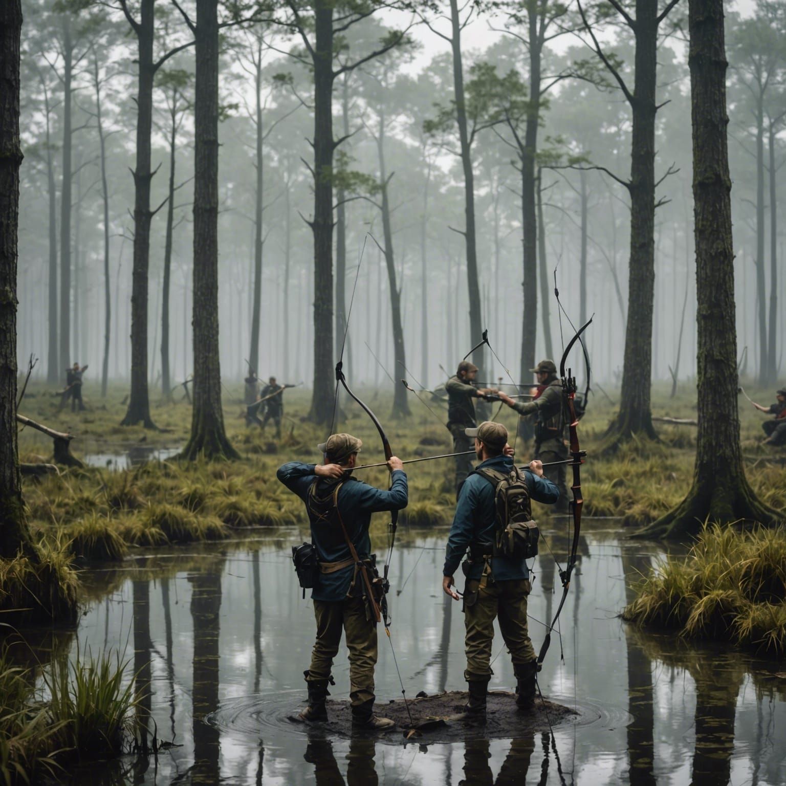 archery competition at a misty swamp , hitting generator cor...