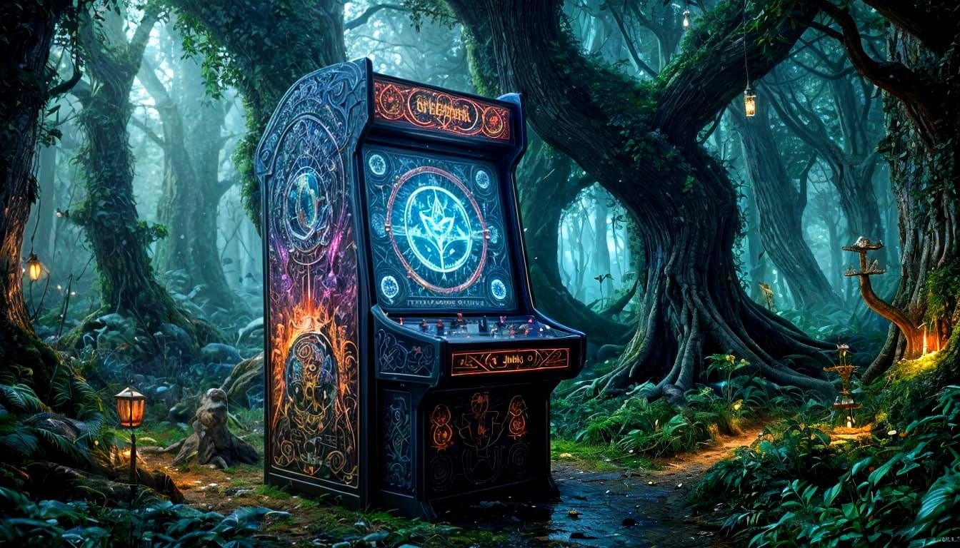 A fantastical arcade cabinet, its screen showing a vibrant, enchanted forest teeming with mythical creatures. ...  by @Carlos