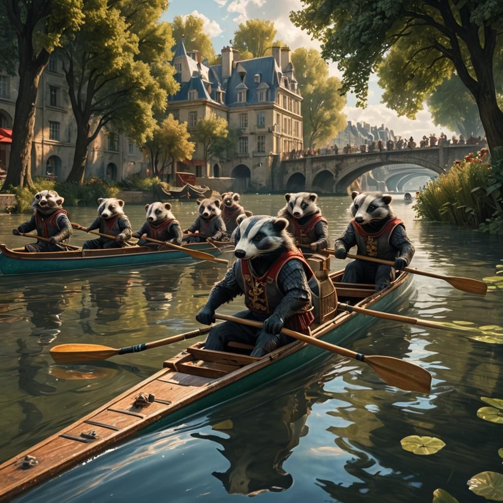 Badgers rowing on the Seine
 Magical, Intricate, Digital, Scenic, Hyperdetailed, Complex, Royo, Rutkowski, ...  by @ReAlyssee