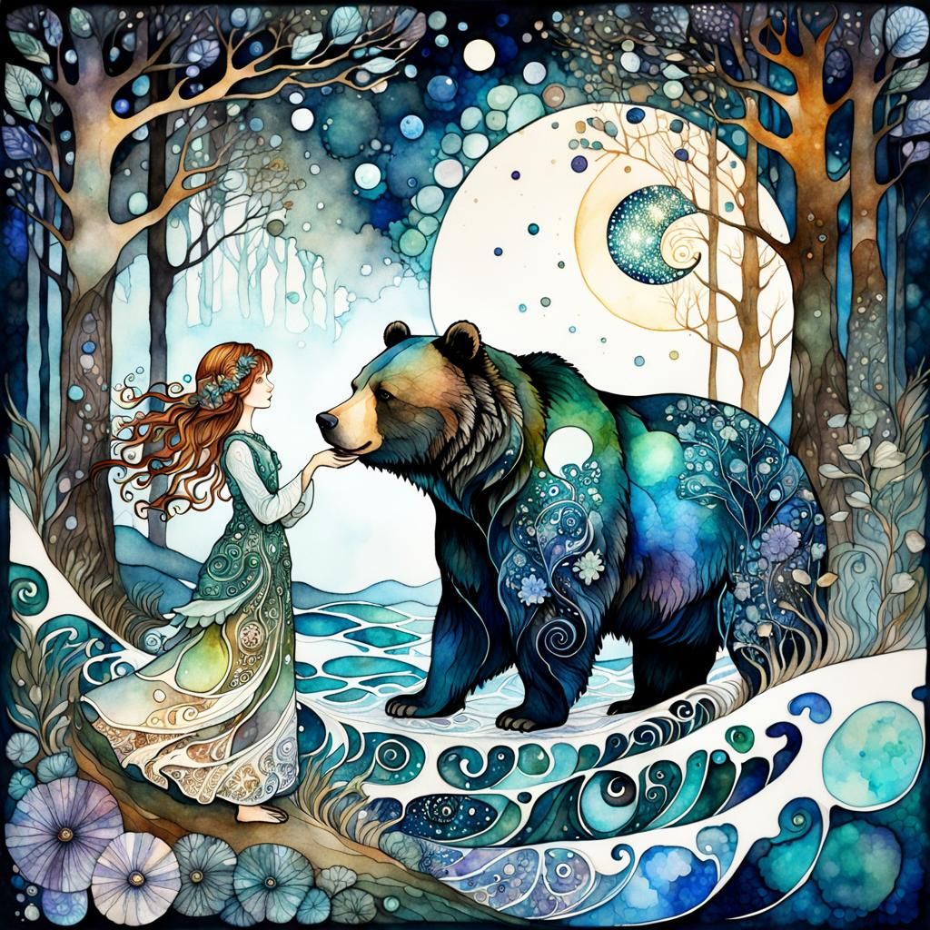 watercolor illustration ;alcohol ink,  opalescent mother of pearl  fractal; wave function; Zentangle;  A young girl meeting a friendly bear...