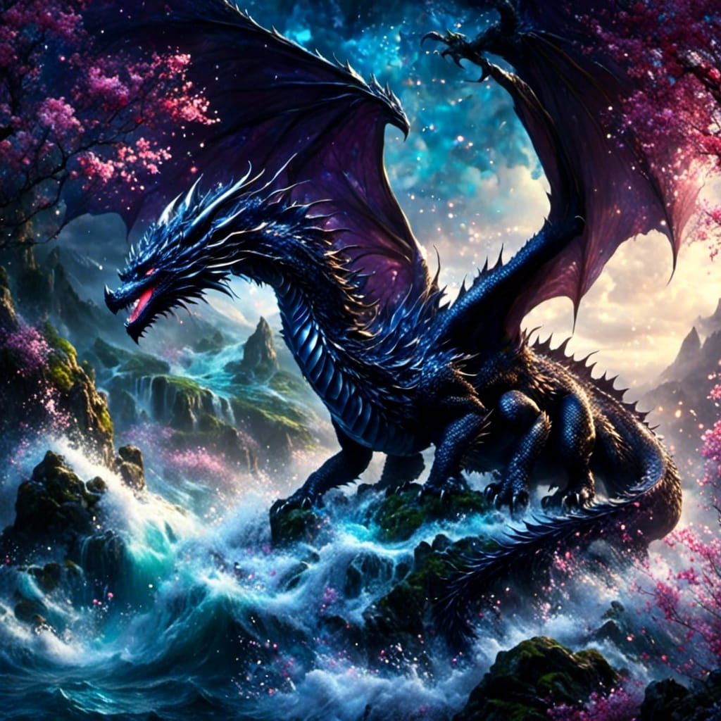 (adorably beautiful black fullbody Toothless dragon:1.5), Toothless from HTTYD, beautiful cliff meeting the ocean at night, beautiful dark b...