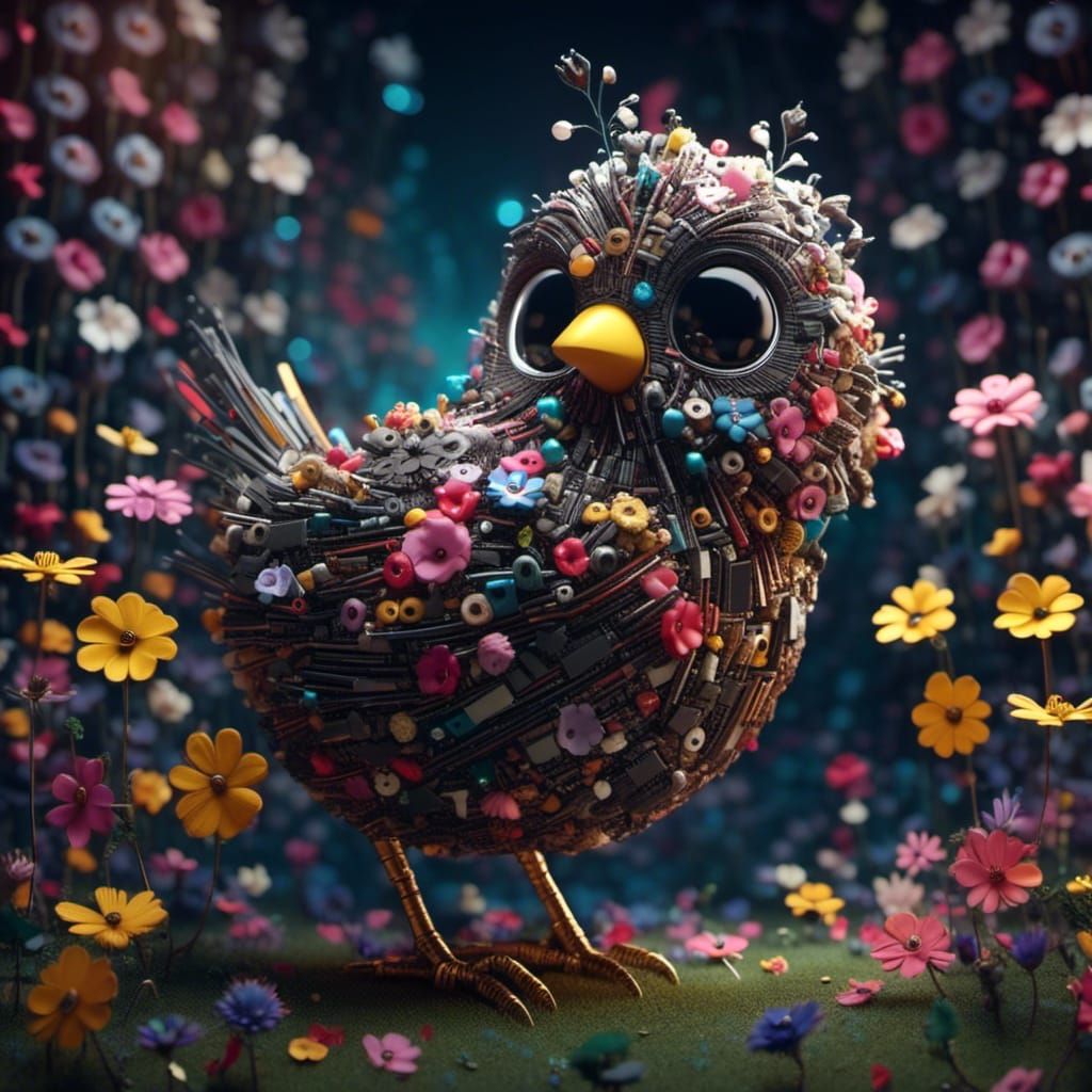 <lora:Circuitous:1.0> Very round Cute adorable round bird made out of flowers, huge beautiful eyes, Breathtaking Fantasycore Artwork. Intric...