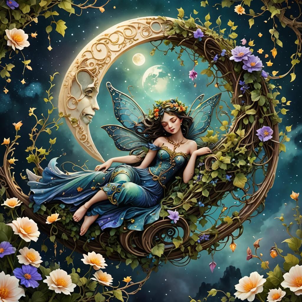 fairy reclining in a Crescent moon