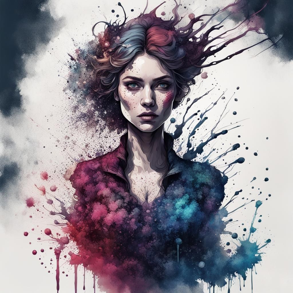  ink splatter realistic  drawing  of a woman in vibrant colours  by @Bethel009