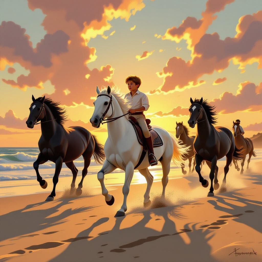Boy on White Horse Flees Chasing Horses at Sunset