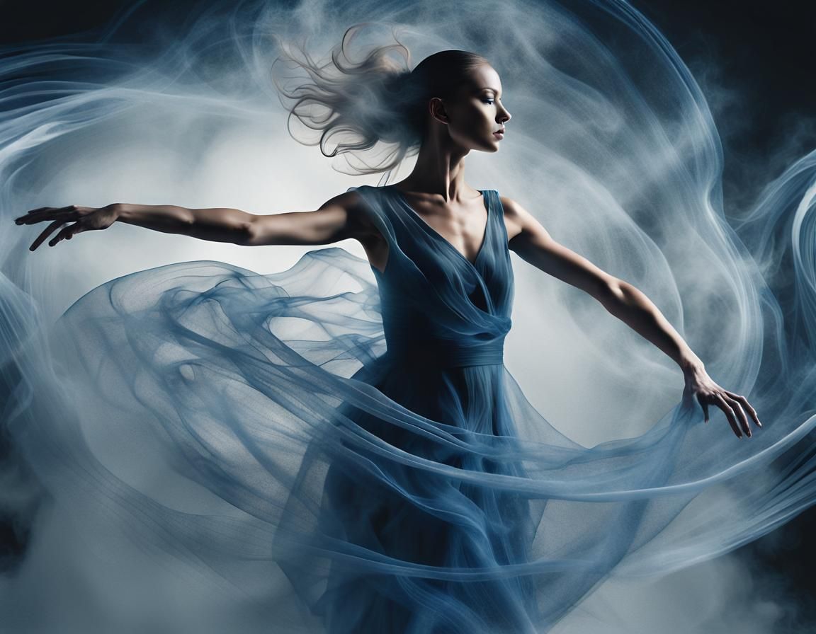 A dancer enrobed in shimmering fabric mid-pirouette is captured as a semi-transparent, Ethereal ghostly ...  by @Gettafix