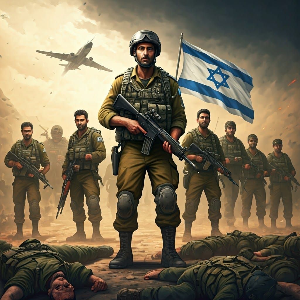 Israeli Forces Triumphant in Conflict, Waving the Israeli Fl...