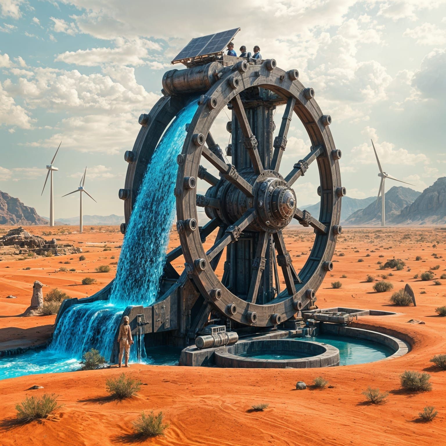 The image depicts a futuristic, high-tech waterwheel situated in an arid, possibly extraterrestrial landscape. ...  by @Likra