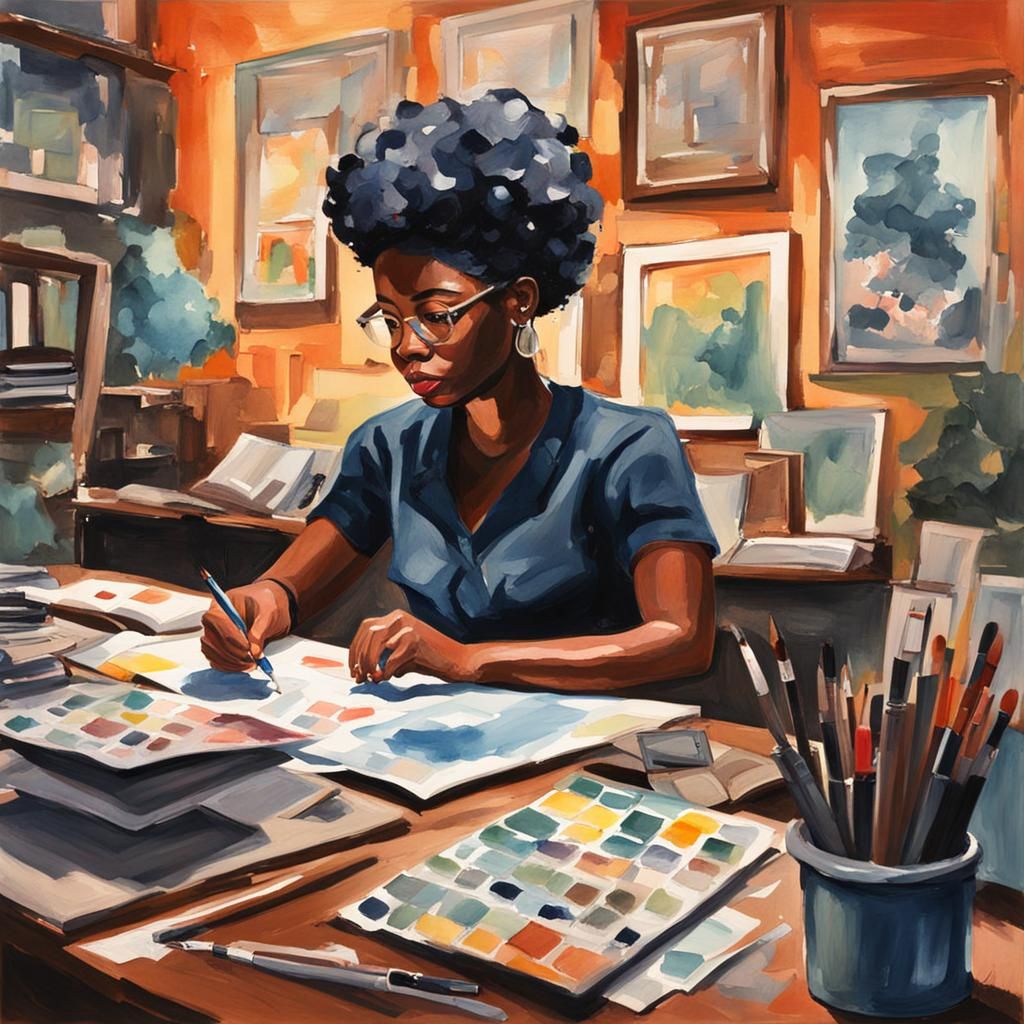 a retro black girl working in her office