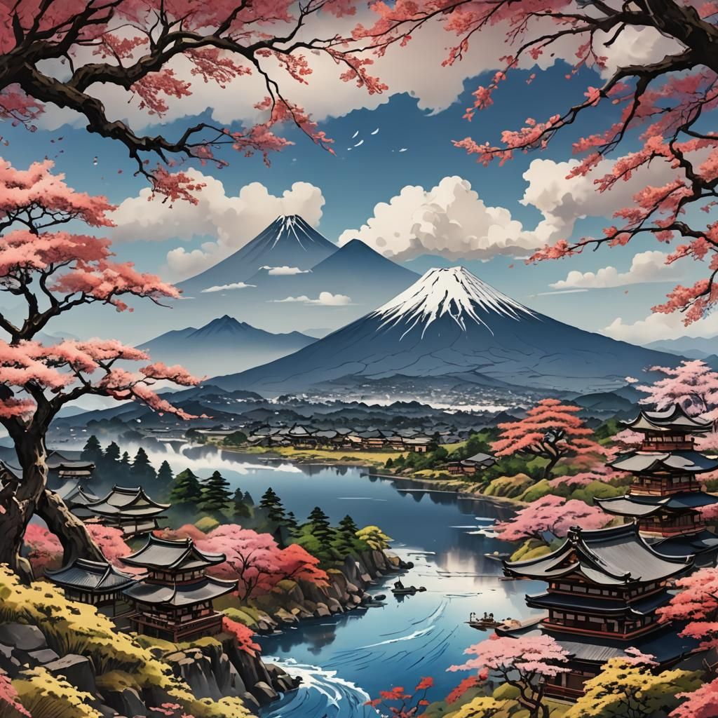 Mount Fuji and Japanese countryside in ink art  by @SoulPrincess