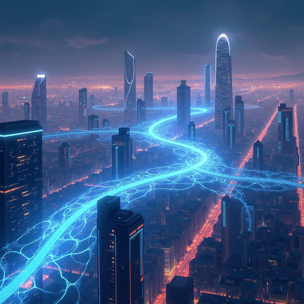 Neural Networks in Futuristic Metropolis, Anime Style