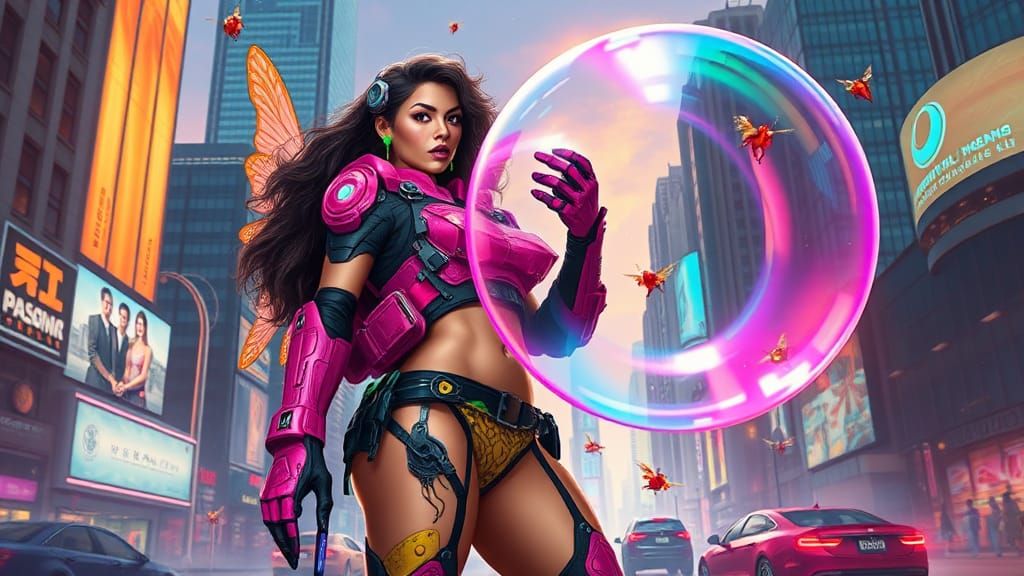 "Burst My Bubble" attractive Puerto Rican woman, blowing a b...