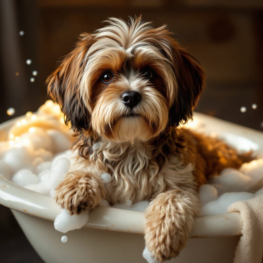havanese dog with brown and cream long wavy hair in a tub wi...