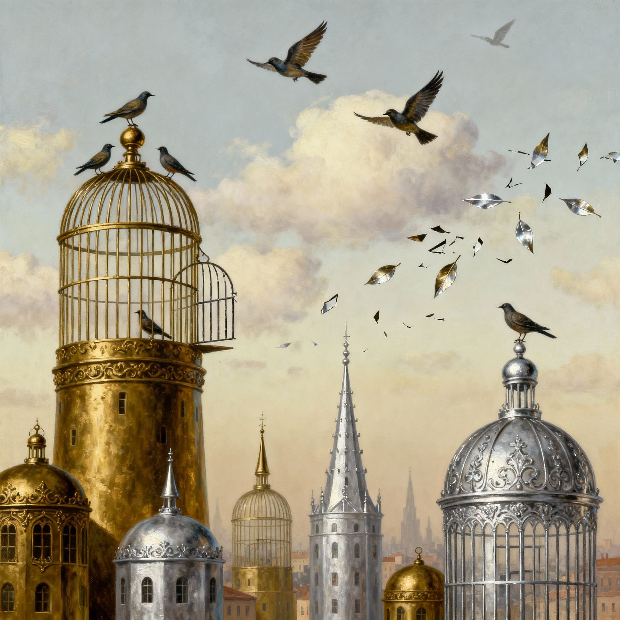 A surreal cityscape where every building is shaped like an ornate birdcage