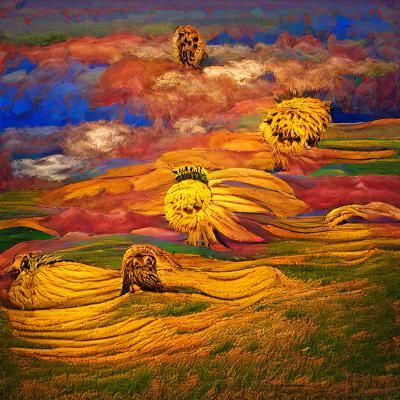Field of yellow sunflowers under a beautiful multicolored sk...