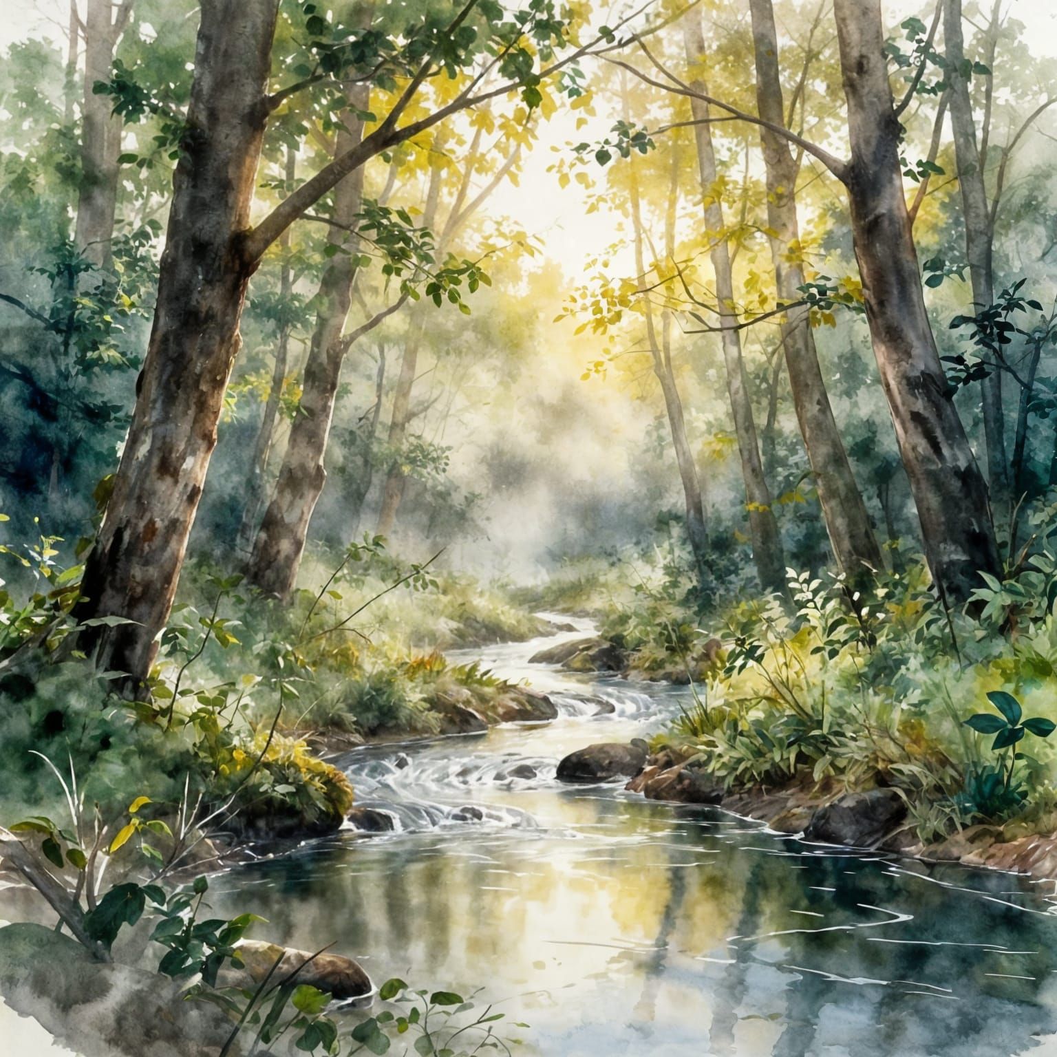 Enchanting Watercolor Forest Misty Morning Light