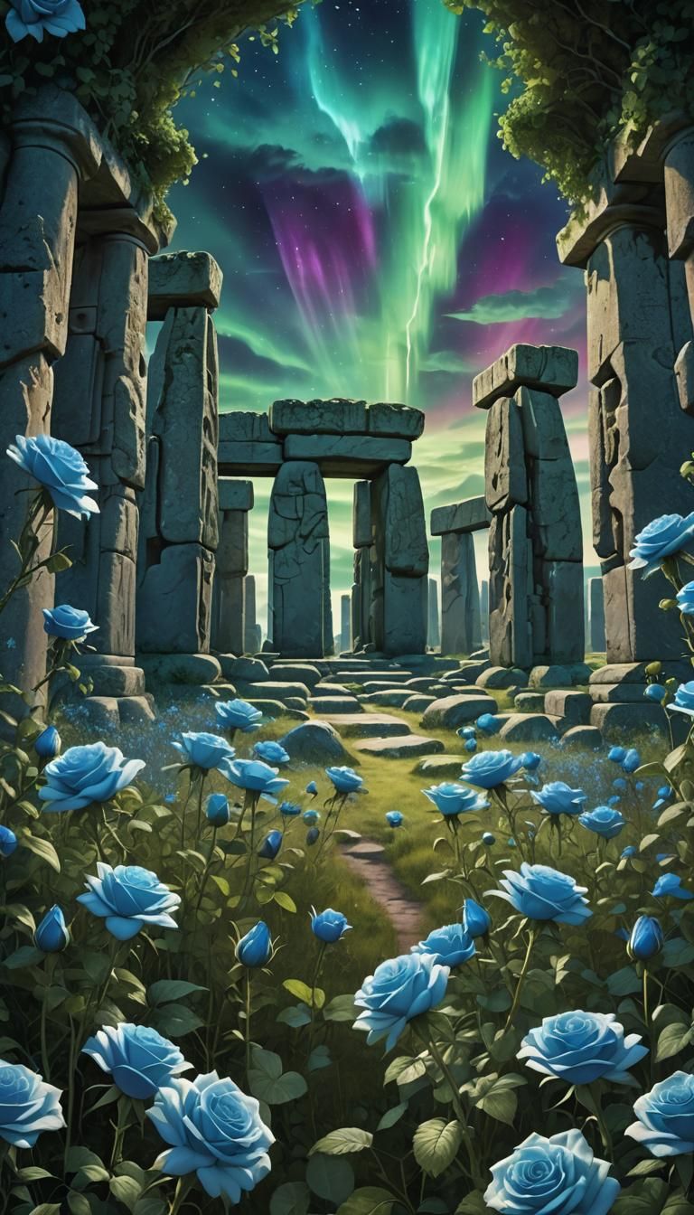 Stonehenge and Blue Roses Under Aurora Borealis