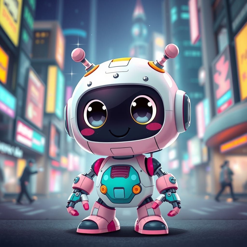Kawaii art. A cute, colorful robot with big, innocent eyes and a friendly smile stands in a futuristic ...  by @JimAZ